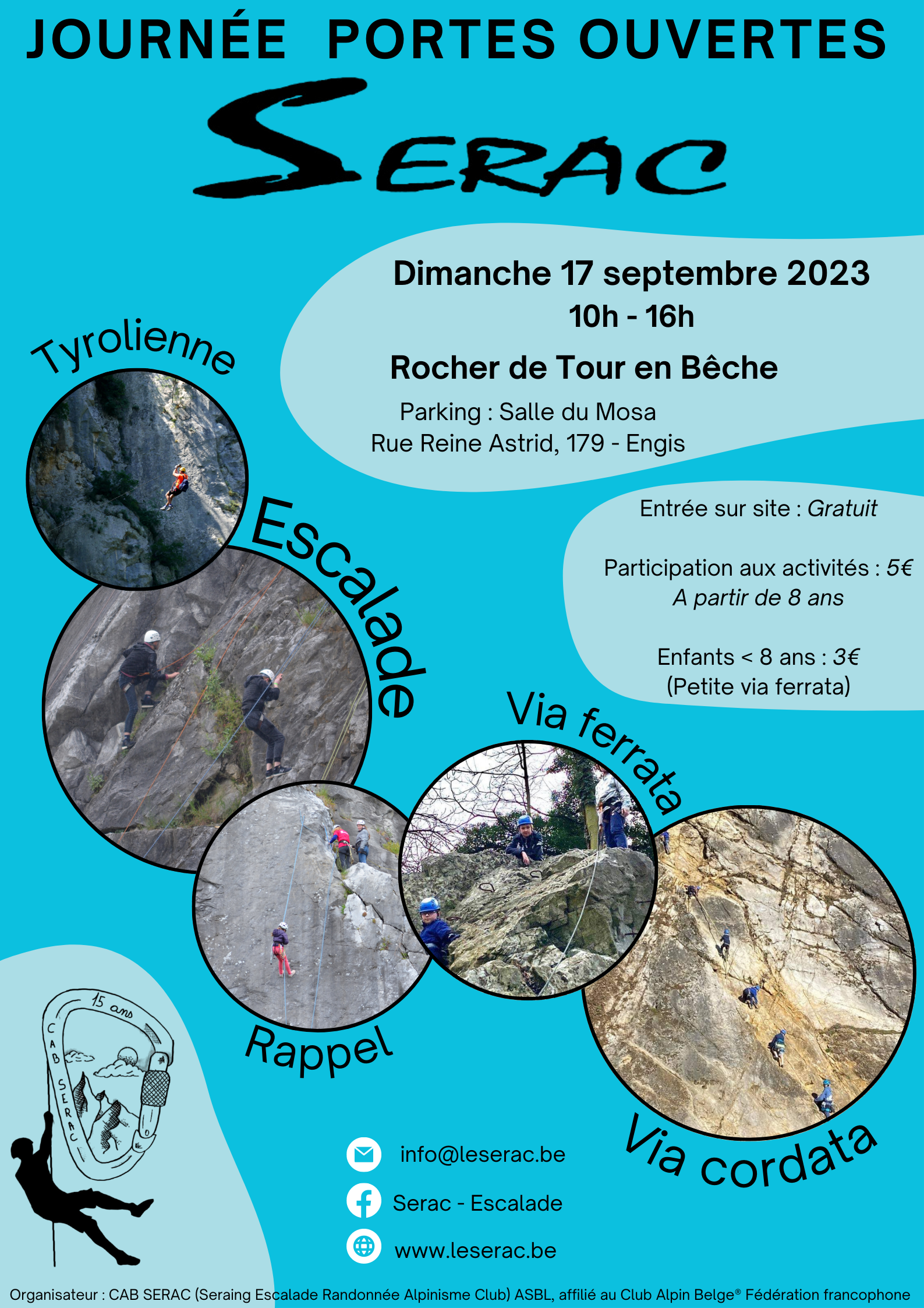 Dimanche 17 septembre 2023 de 10h à 16h. Rocher de Tour en Bêche (Engis) - Découverte de l'escalade en milieu naturel, Via ferrata, Via cordata, Rappel, Tyrolienne, Parcours Vita.